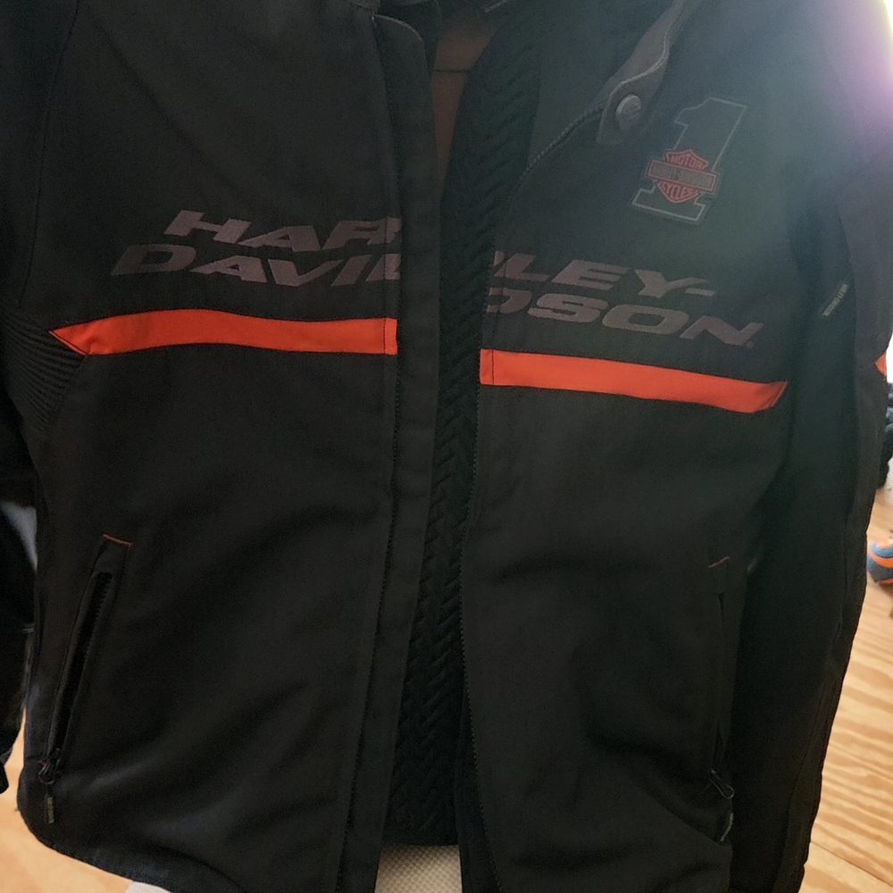 Harley-Davidson Black and Orange Jacket Mens Motorcycle Jacket.